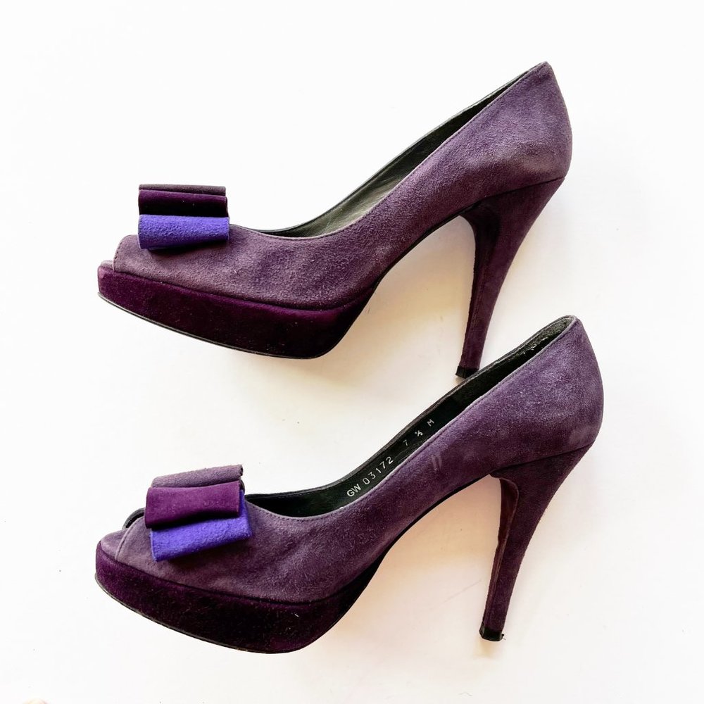 Stuart Weitzman Purple Suede Peep Toe Folded Bow Stiletto Pumps